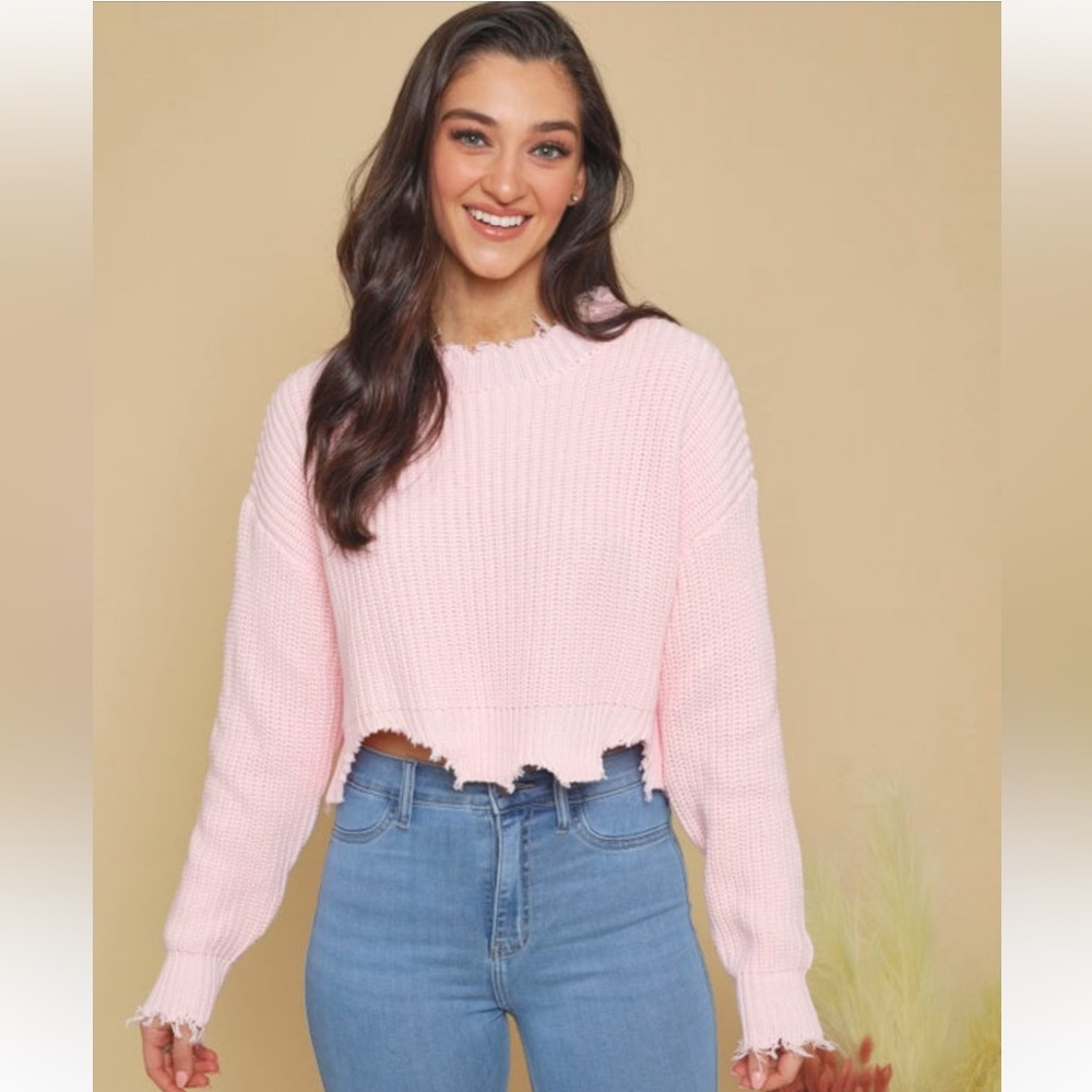 Distressed Pastel Baby Pink Cropped Sweater